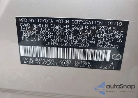 2010 Lexus Es 350 from USA, damaged, VIN JTHBK1EG5A2375059